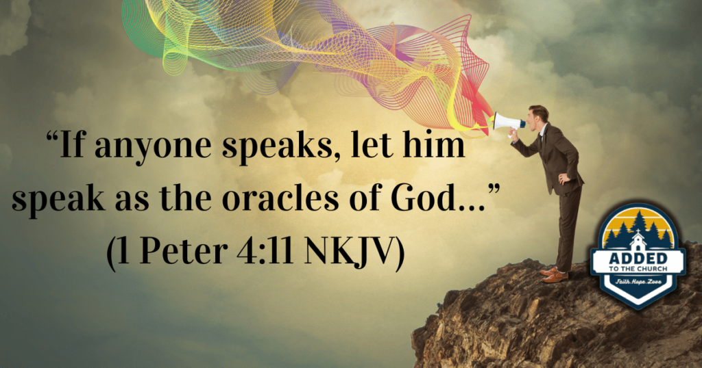 Why should I speak carefully? Because the Bible says so. This is an image of a man with a megaphone with the Bible verse 1 Peter 4:11.