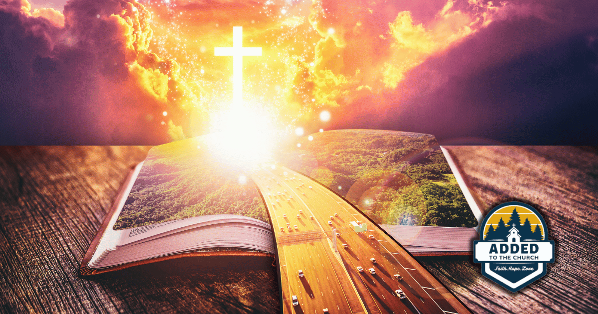 Highway leading into and open Bible with a display of Heaven above it