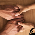 Suffer It Forward, title image of two sets of hands holding each other and a man pushing a boulder up hill