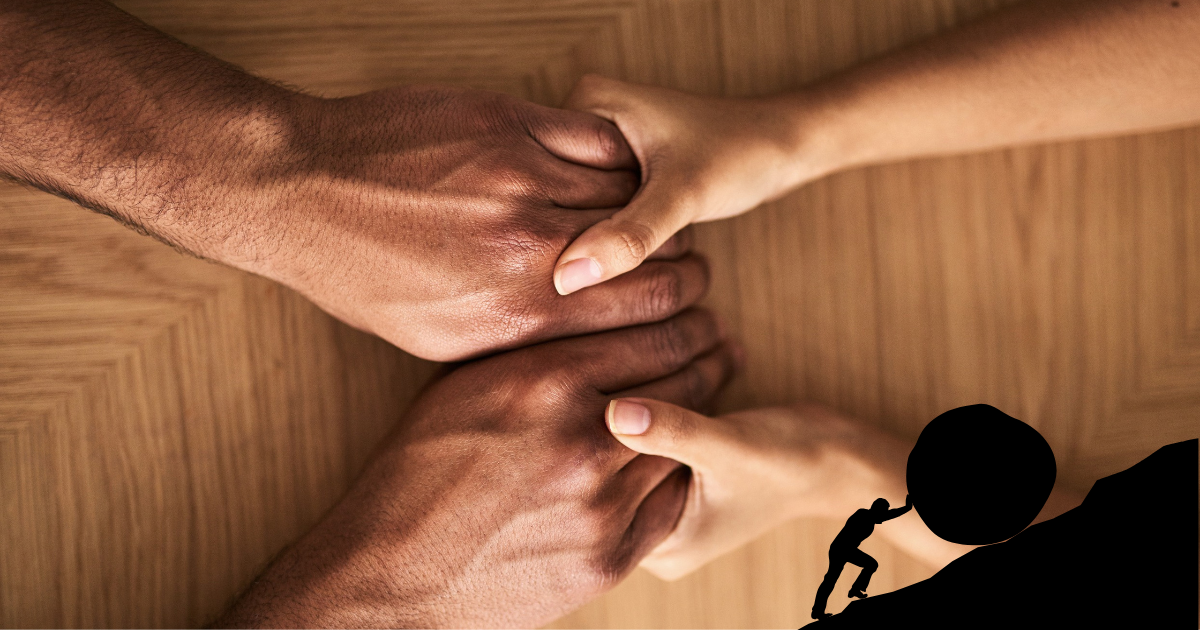 Suffer It Forward, title image of two sets of hands holding each other and a man pushing a boulder up hill
