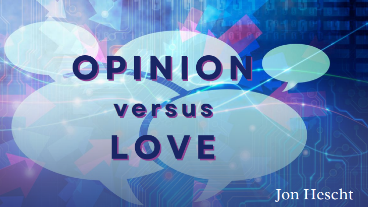 Opinion versus Love - title image of speech bubbles with multicolored background